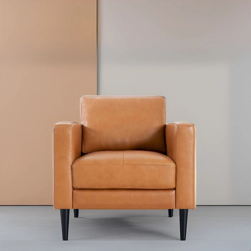 Fauteuil d'appoint en cuir véritable, noir/camel, moderne du milieu du siècle, coussin haute densité, 1 place
