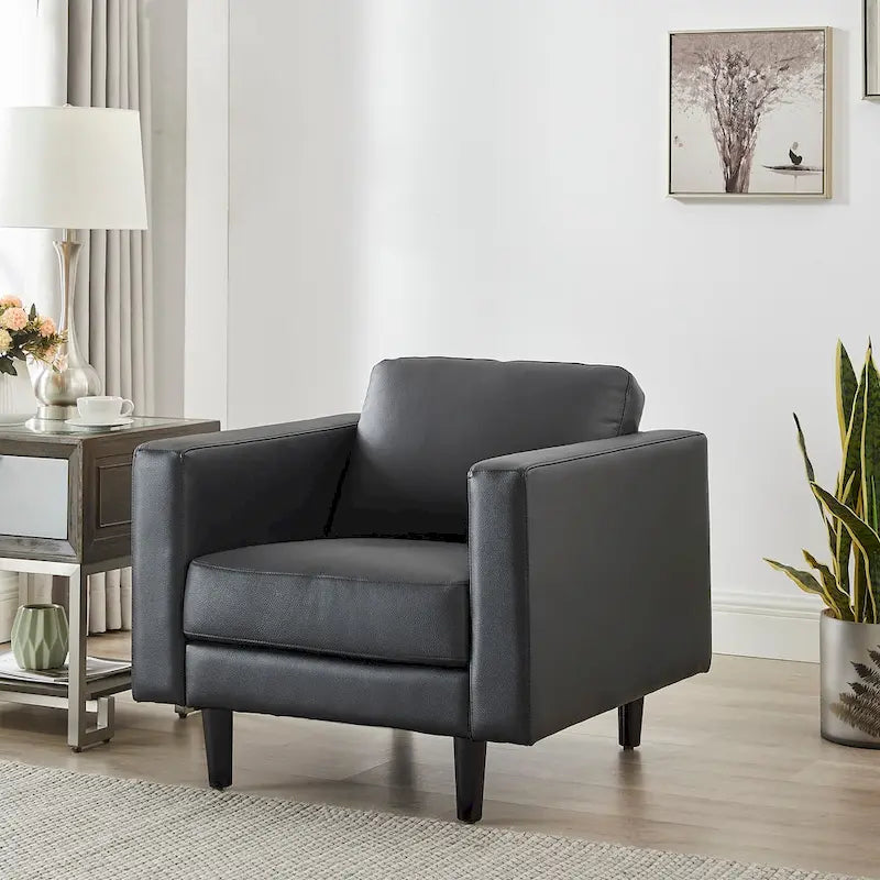 Fauteuil d'appoint en cuir véritable, noir/camel, moderne du milieu du siècle, coussin haute densité, 1 place