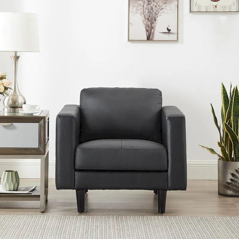 Fauteuil d'appoint en cuir véritable, noir/camel, moderne du milieu du siècle, coussin haute densité, 1 place