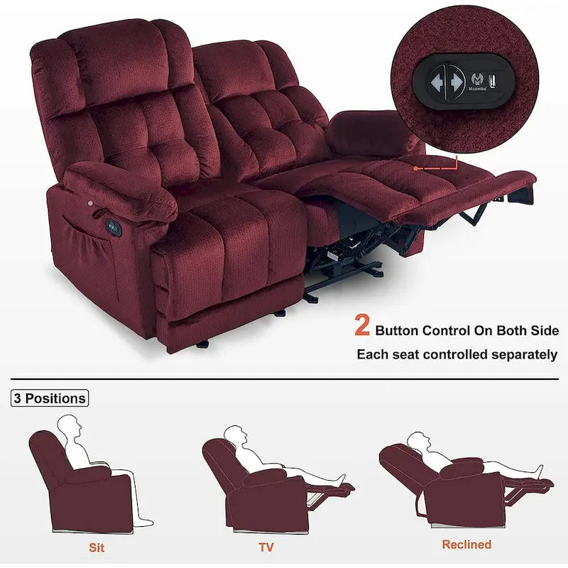 Causeuse inclinable électrique, rouge/gris/beige/bleu/marron, chauffante et massante, 2 places