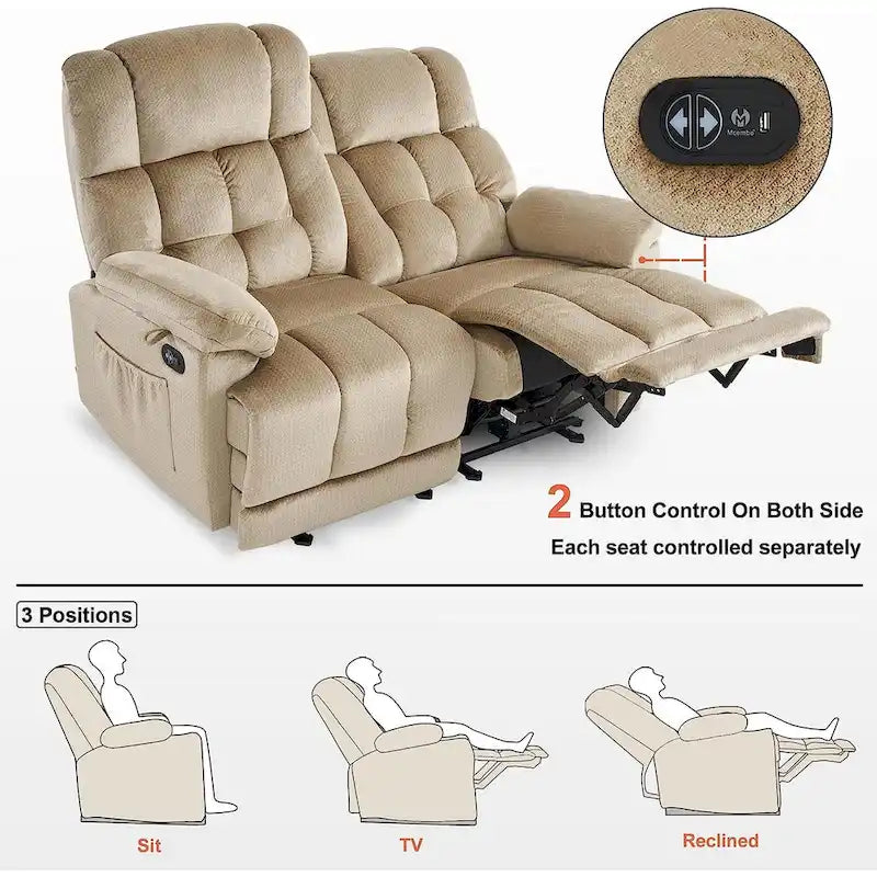 Causeuse inclinable électrique, rouge/gris/beige/bleu/marron, chauffante et massante, 2 places