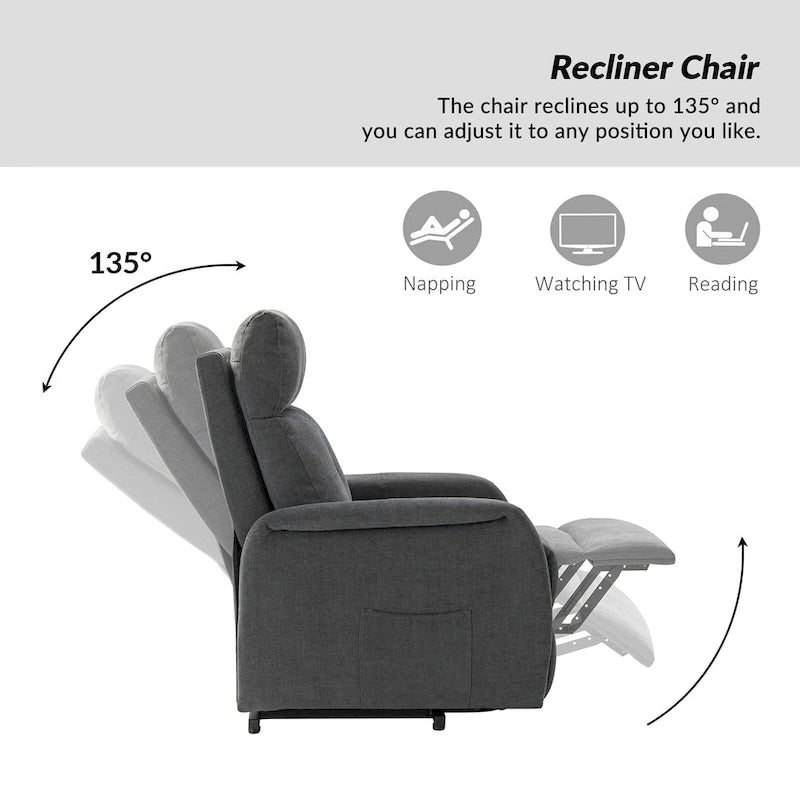 Fauteuil inclinable motorisé, Polyester touffeté, Structure en bois et métal, 3 positions, 113 kg, 1 place, Gris/Ivoire/Marine/Anthracite/Blanc/Bleu