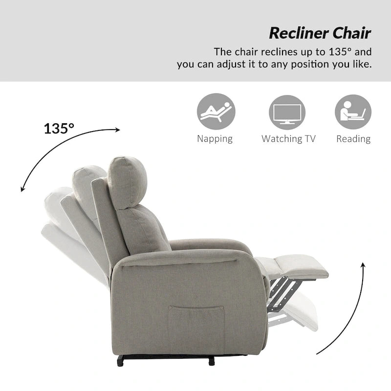 Fauteuil inclinable motorisé, Polyester touffeté, Structure en bois et métal, 3 positions, 113 kg, 1 place, Gris/Ivoire/Marine/Anthracite/Blanc/Bleu
