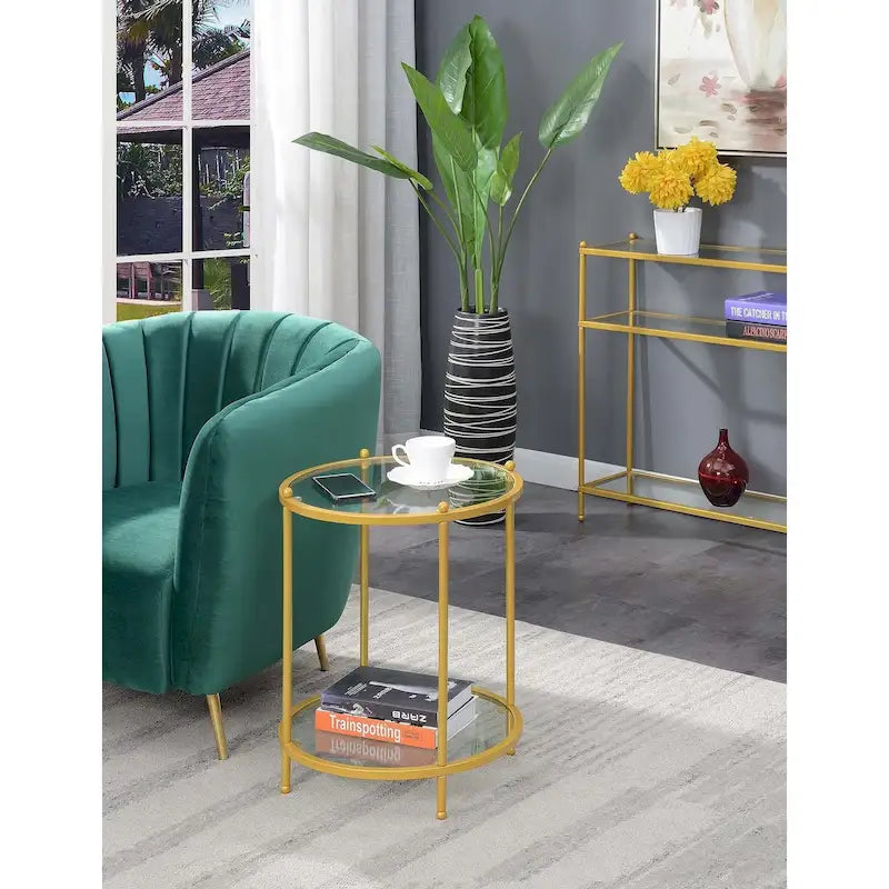 Table d'appoint ronde à 2 niveaux en verre trempé, structure chrome/dorée, 45,7 cm l x 61 cm H, style moderne et glamour