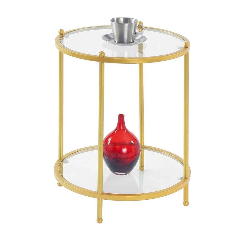 Table d'appoint ronde à 2 niveaux en verre trempé, structure chrome/dorée, 45,7 cm l x 61 cm H, style moderne et glamour
