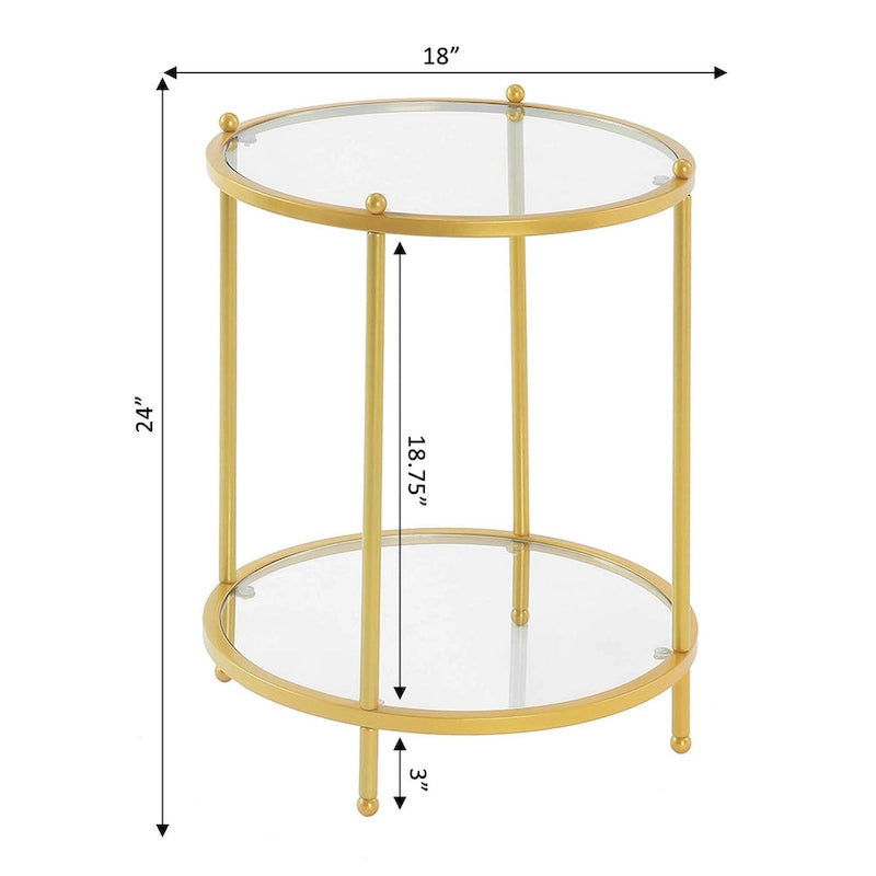 Table d'appoint ronde à 2 niveaux en verre trempé, structure chrome/dorée, 45,7 cm l x 61 cm H, style moderne et glamour