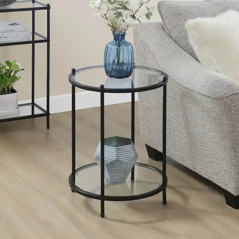 Table d'appoint ronde à 2 niveaux en verre trempé, structure chrome/dorée, 45,7 cm l x 61 cm H, style moderne et glamour