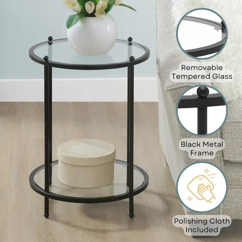Table d'appoint ronde à 2 niveaux en verre trempé, structure chrome/dorée, 45,7 cm l x 61 cm H, style moderne et glamour