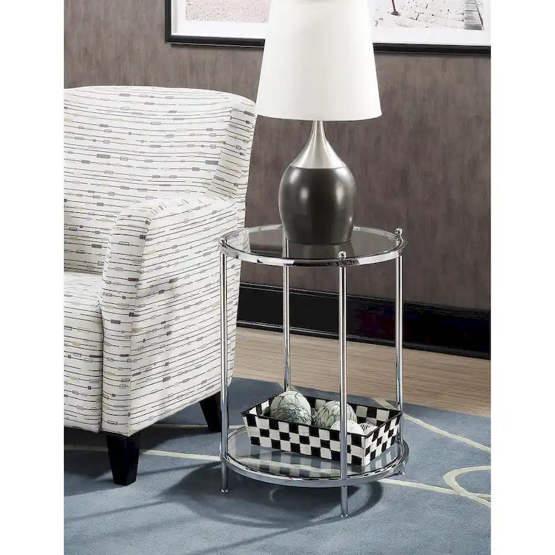 Table d'appoint ronde à 2 niveaux en verre trempé, structure chrome/dorée, 45,7 cm l x 61 cm H, style moderne et glamour