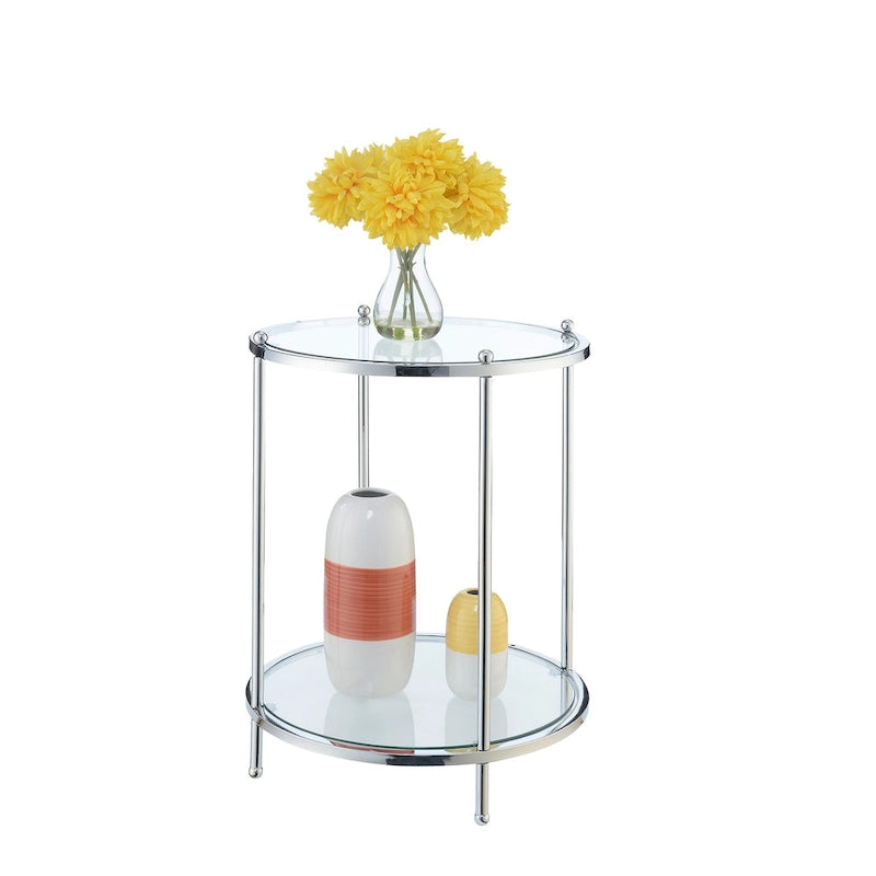 Table d'appoint ronde à 2 niveaux en verre trempé, structure chrome/dorée, 45,7 cm l x 61 cm H, style moderne et glamour