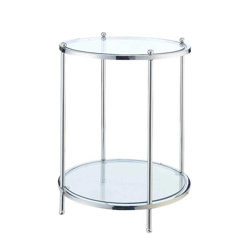 Table d'appoint ronde à 2 niveaux en verre trempé, structure chrome/dorée, 45,7 cm l x 61 cm H, style moderne et glamour
