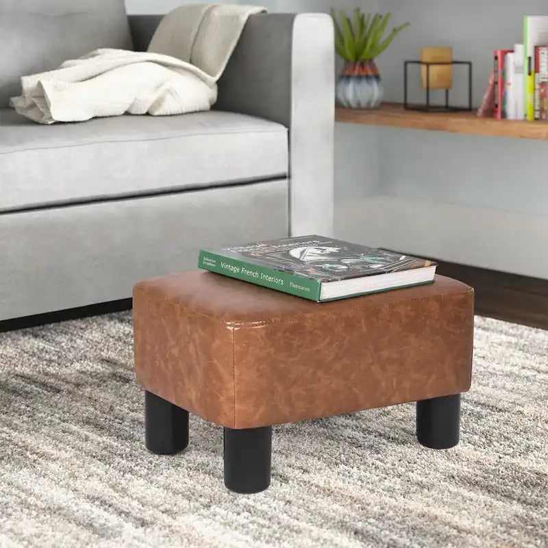 Repose-pieds rectangulaire en cuir PU, gris/gris foncé/marron, pieds en bois, 1 place