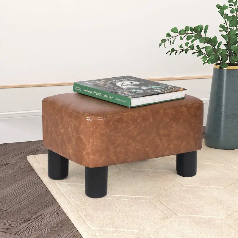 Repose-pieds rectangulaire en cuir PU, gris/gris foncé/marron, pieds en bois, 1 place