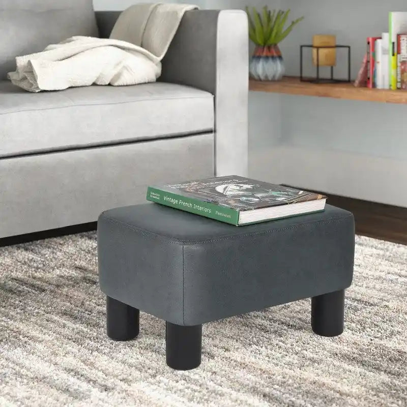 Repose-pieds rectangulaire en cuir PU, gris/gris foncé/marron, pieds en bois, 1 place
