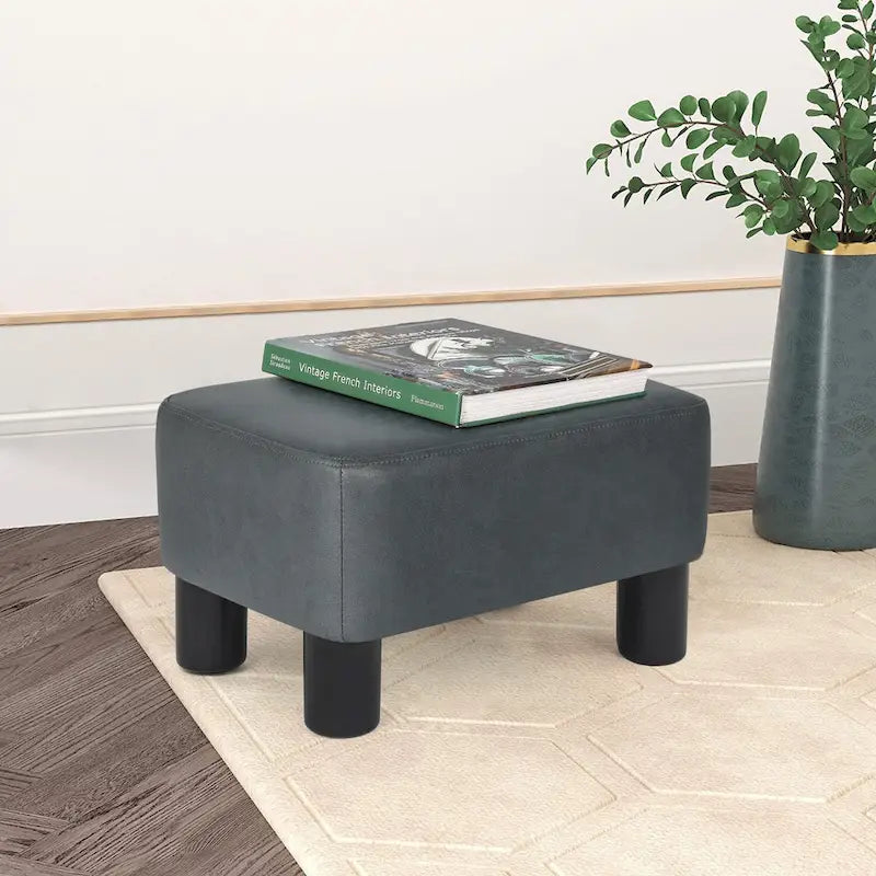 Repose-pieds rectangulaire en cuir PU, gris/gris foncé/marron, pieds en bois, 1 place