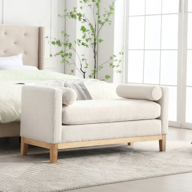 Banc de chambre rembourré en bouclette, ivoire/caramel/vert/bleu marine/gris/noir, pieds en bois, 2 places
