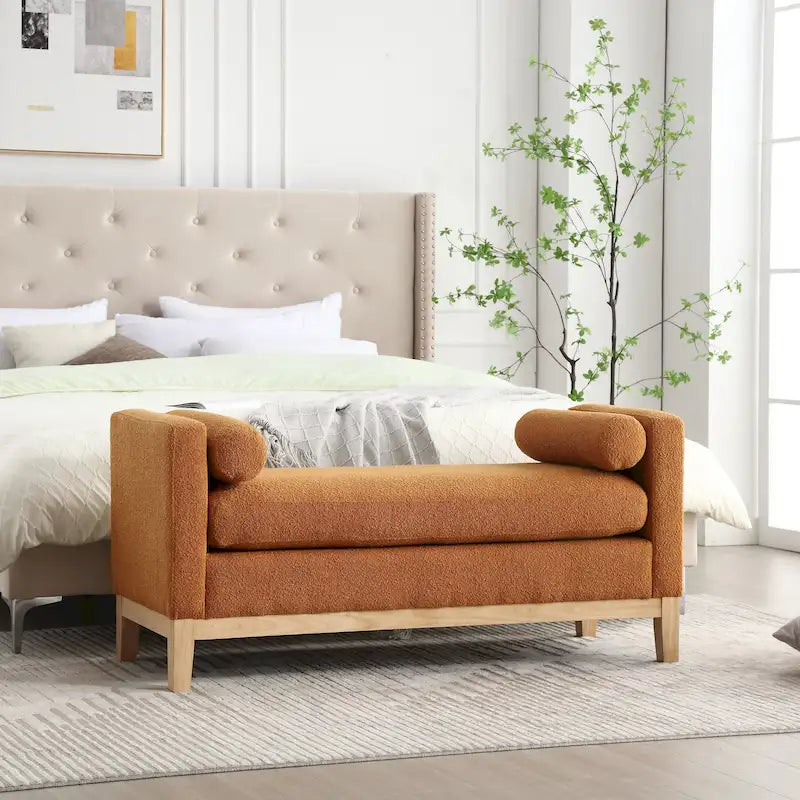 Banc de chambre rembourré en bouclette, ivoire/caramel/vert/bleu marine/gris/noir, pieds en bois, 2 places