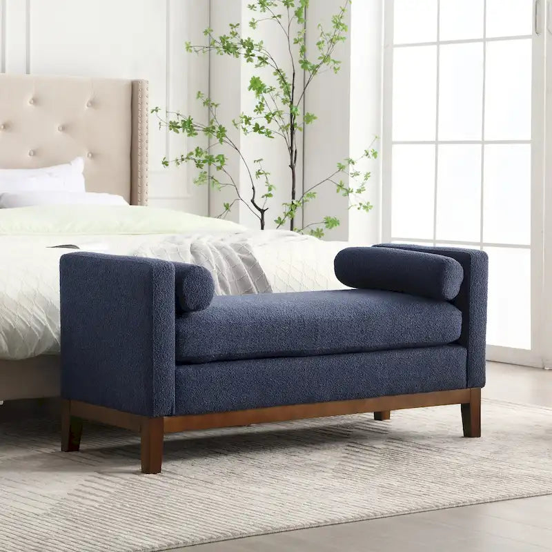 Banc de chambre rembourré en bouclette, ivoire/caramel/vert/bleu marine/gris/noir, pieds en bois, 2 places