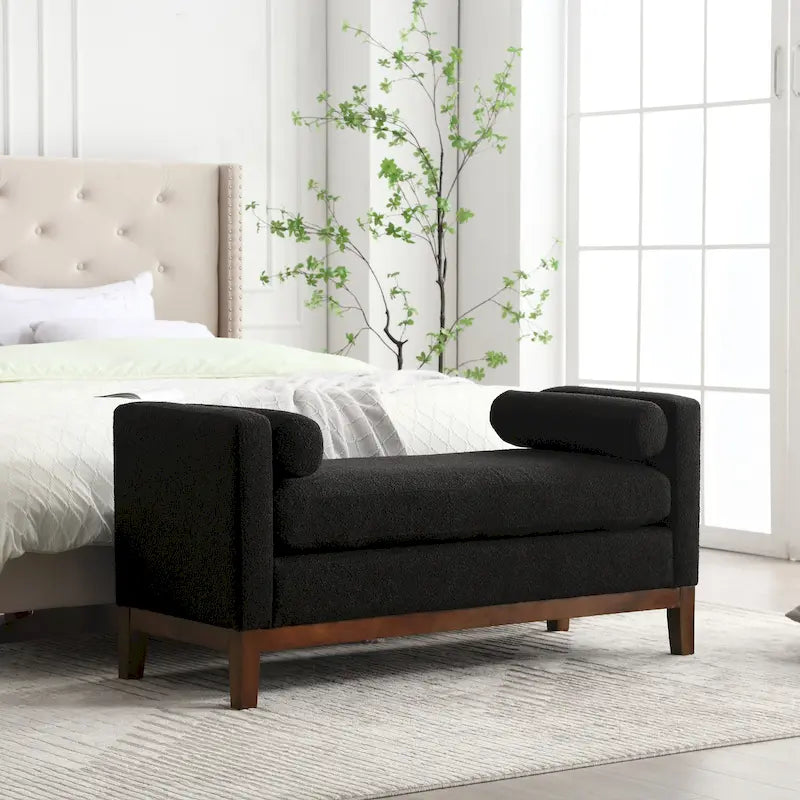 Banc de chambre rembourré en bouclette, ivoire/caramel/vert/bleu marine/gris/noir, pieds en bois, 2 places