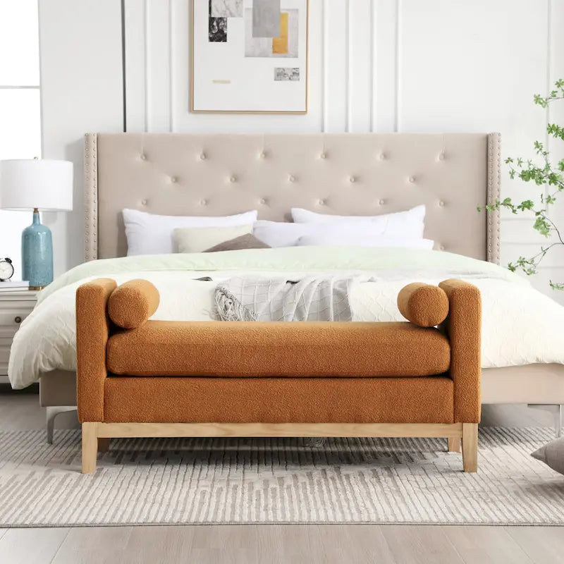 Banc de chambre rembourré en bouclette, ivoire/caramel/vert/bleu marine/gris/noir, pieds en bois, 2 places