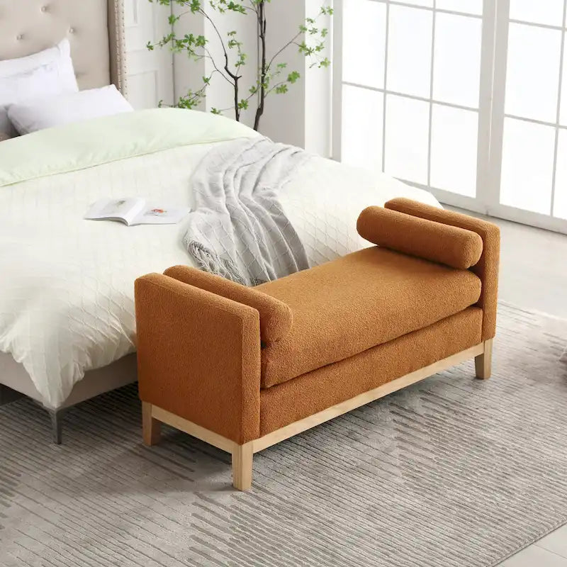 Banc de chambre rembourré en bouclette, ivoire/caramel/vert/bleu marine/gris/noir, pieds en bois, 2 places