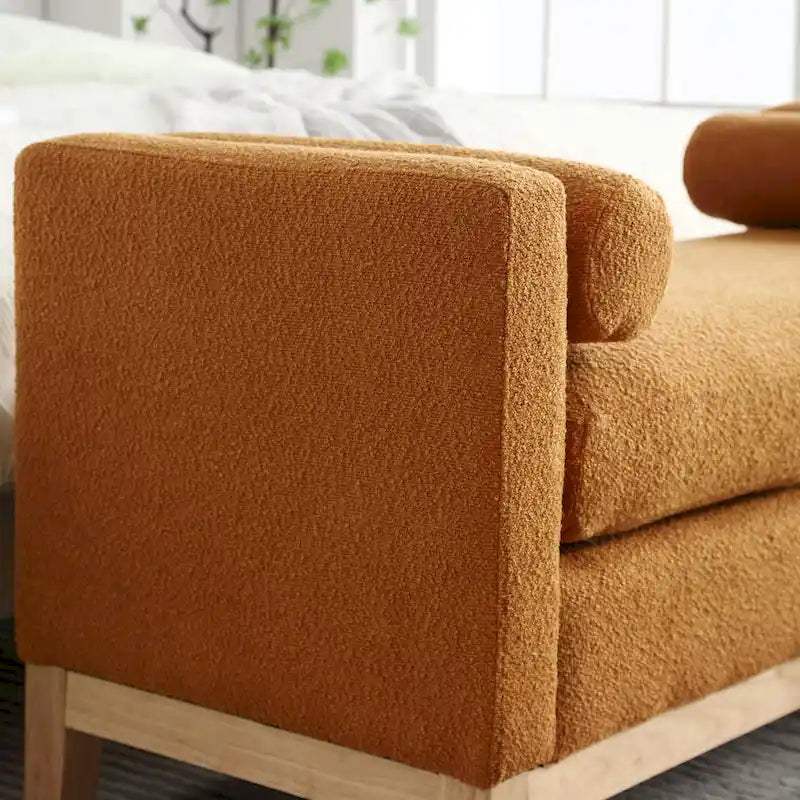 Banc de chambre rembourré en bouclette, ivoire/caramel/vert/bleu marine/gris/noir, pieds en bois, 2 places