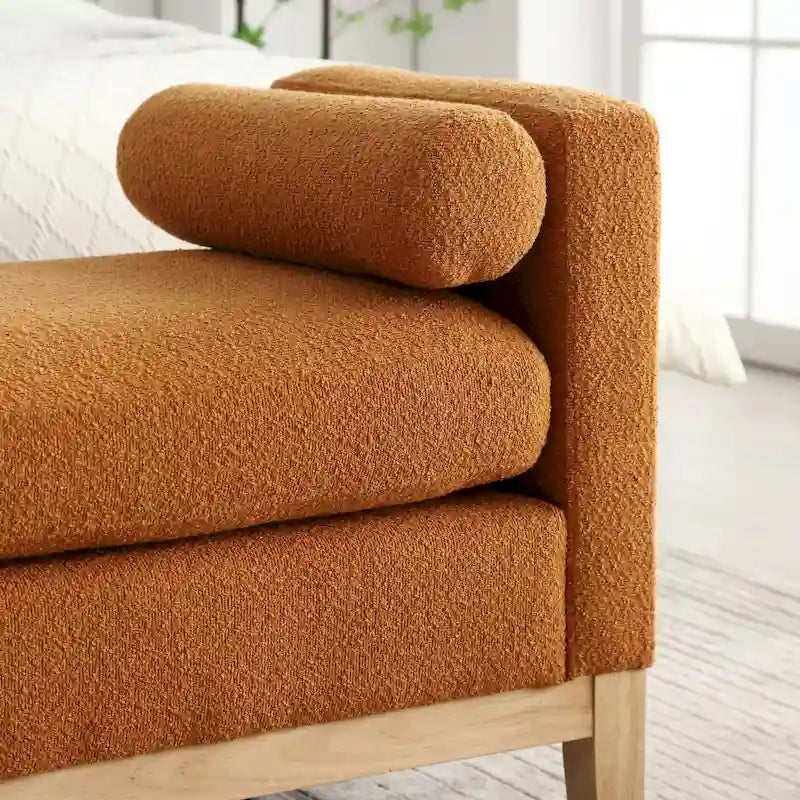 Banc de chambre rembourré en bouclette, ivoire/caramel/vert/bleu marine/gris/noir, pieds en bois, 2 places