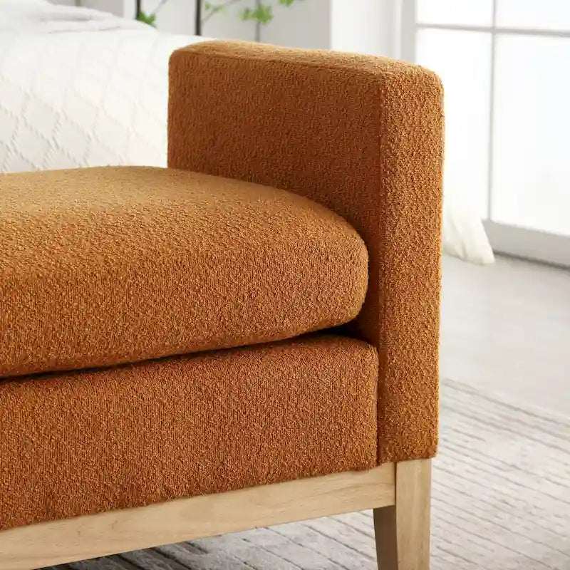 Banc de chambre rembourré en bouclette, ivoire/caramel/vert/bleu marine/gris/noir, pieds en bois, 2 places