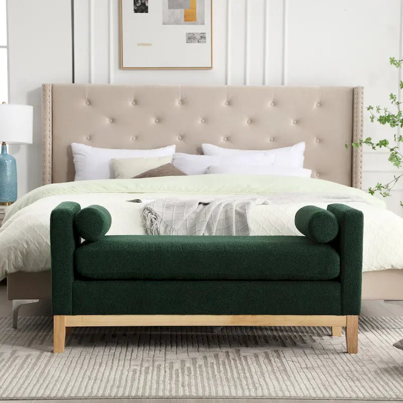 Banc de chambre rembourré en bouclette, ivoire/caramel/vert/bleu marine/gris/noir, pieds en bois, 2 places