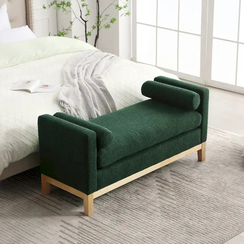 Banc de chambre rembourré en bouclette, ivoire/caramel/vert/bleu marine/gris/noir, pieds en bois, 2 places
