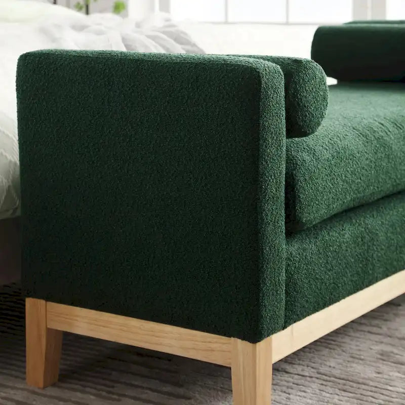 Banc de chambre rembourré en bouclette, ivoire/caramel/vert/bleu marine/gris/noir, pieds en bois, 2 places
