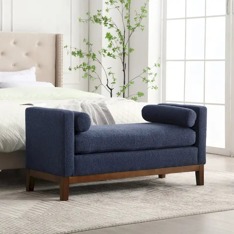 Banc de chambre rembourré en bouclette, ivoire/caramel/vert/bleu marine/gris/noir, pieds en bois, 2 places