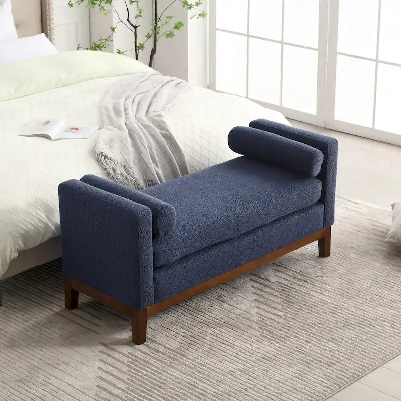 Banc de chambre rembourré en bouclette, ivoire/caramel/vert/bleu marine/gris/noir, pieds en bois, 2 places