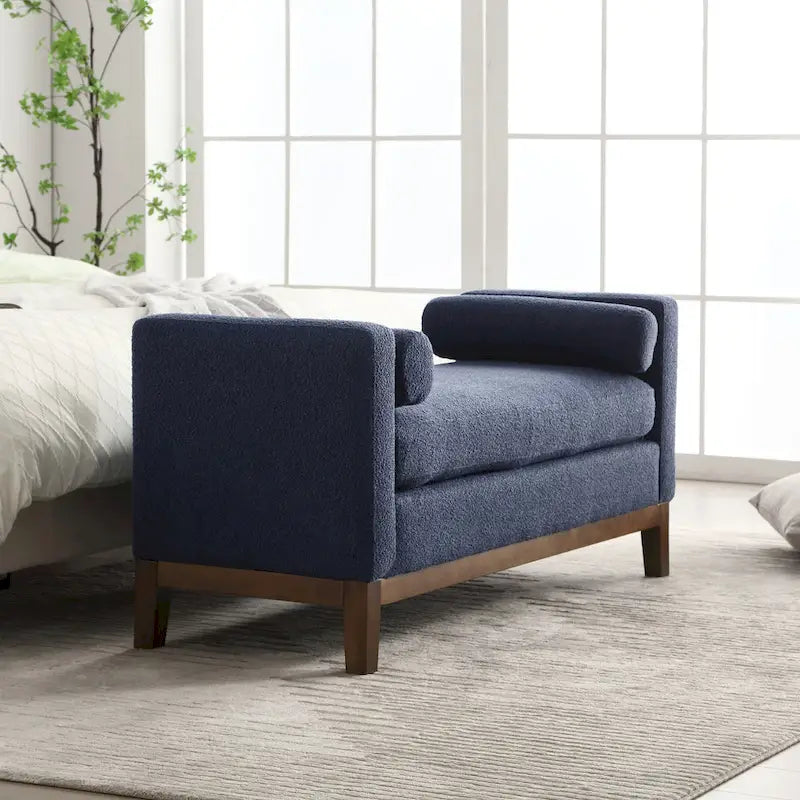 Banc de chambre rembourré en bouclette, ivoire/caramel/vert/bleu marine/gris/noir, pieds en bois, 2 places