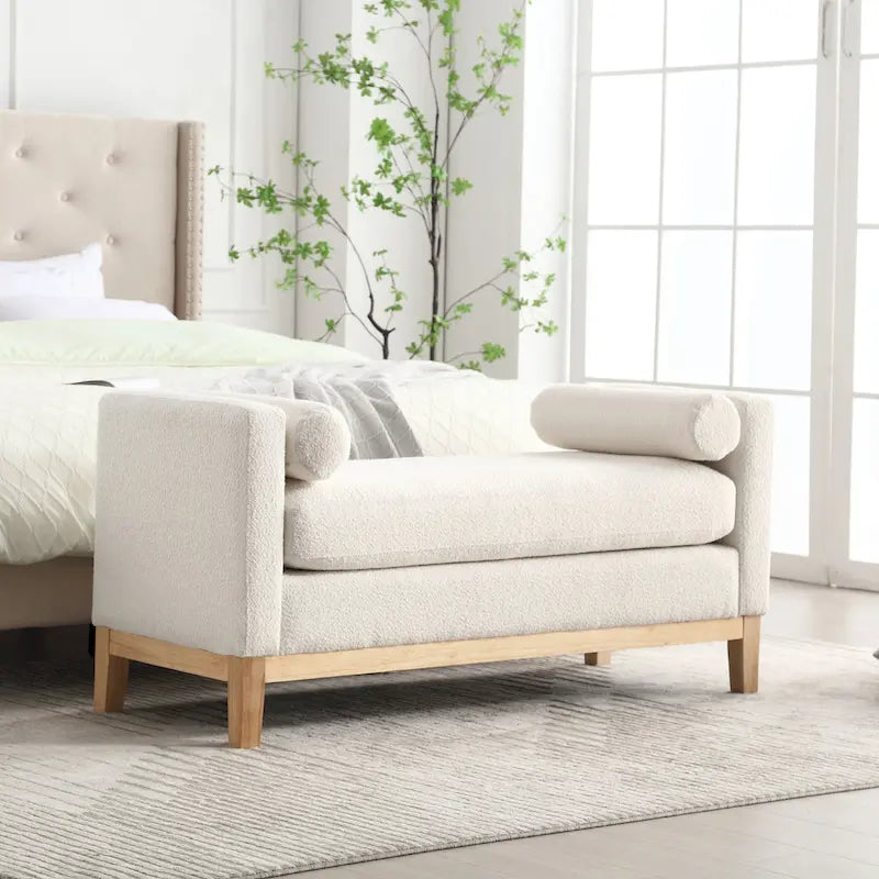 Banc de chambre rembourré en bouclette, ivoire/caramel/vert/bleu marine/gris/noir, pieds en bois, 2 places
