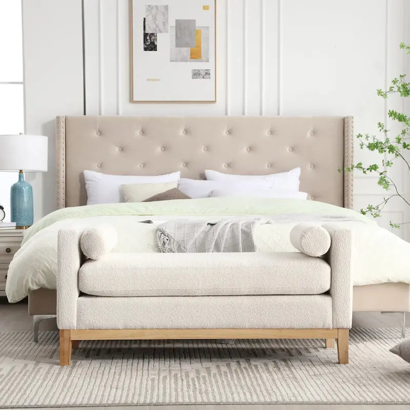 Banc de chambre rembourré en bouclette, ivoire/caramel/vert/bleu marine/gris/noir, pieds en bois, 2 places