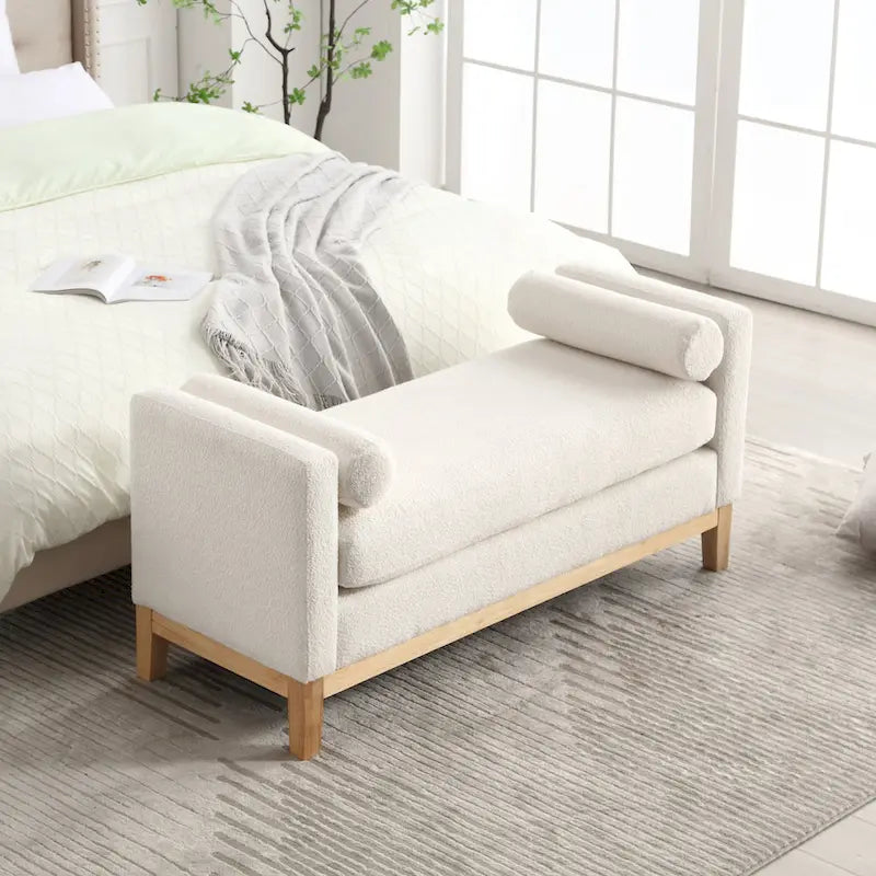 Banc de chambre rembourré en bouclette, ivoire/caramel/vert/bleu marine/gris/noir, pieds en bois, 2 places