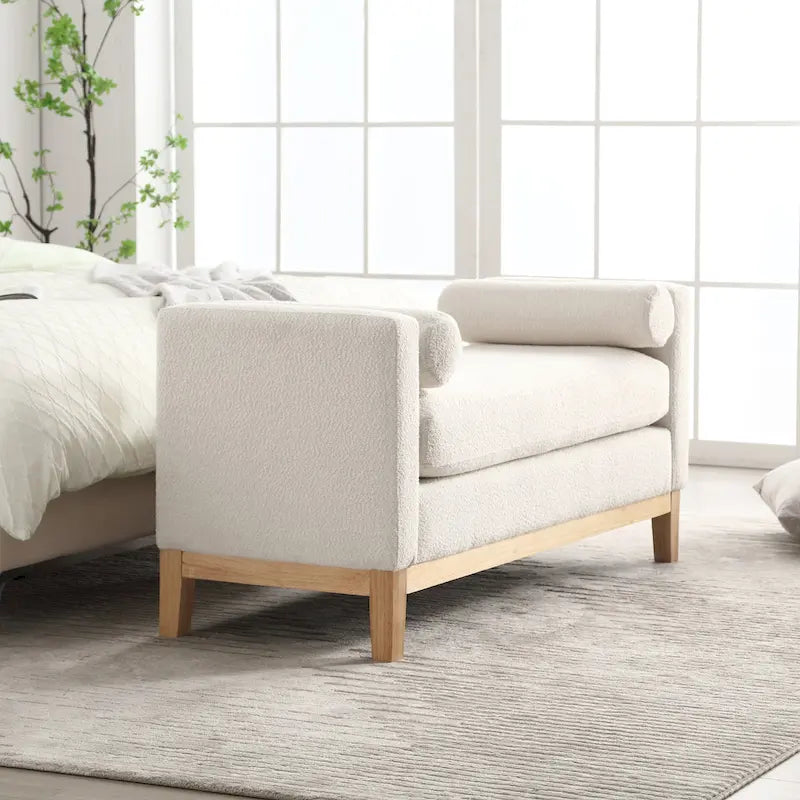 Banc de chambre rembourré en bouclette, ivoire/caramel/vert/bleu marine/gris/noir, pieds en bois, 2 places