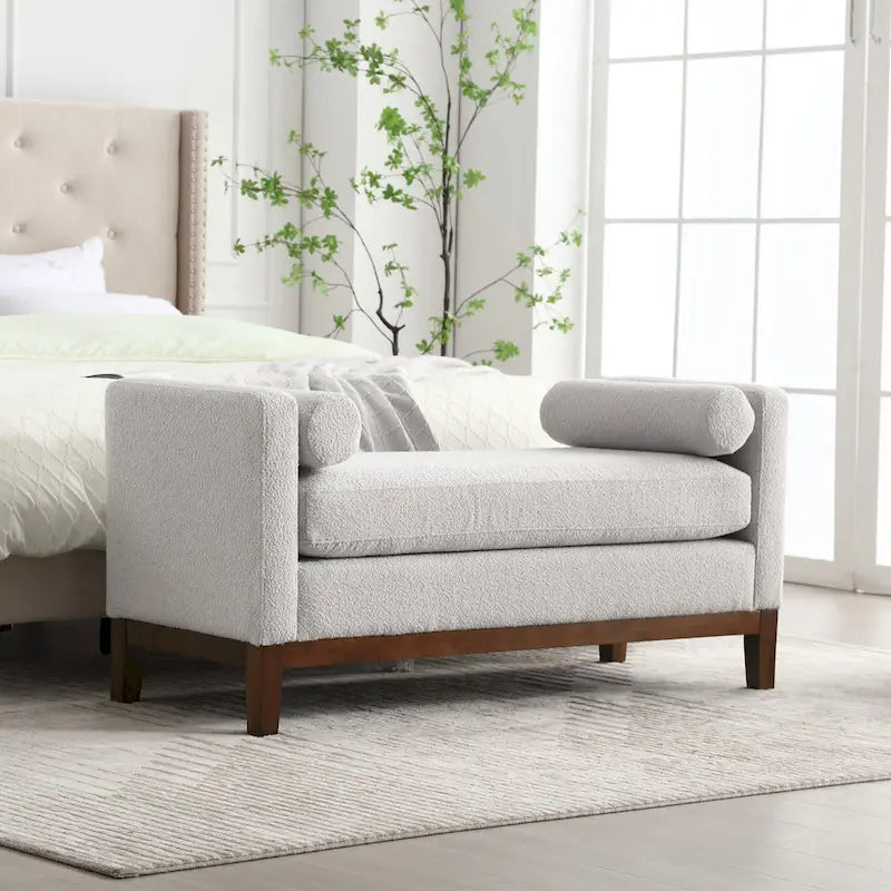 Banc de chambre rembourré en bouclette, ivoire/caramel/vert/bleu marine/gris/noir, pieds en bois, 2 places