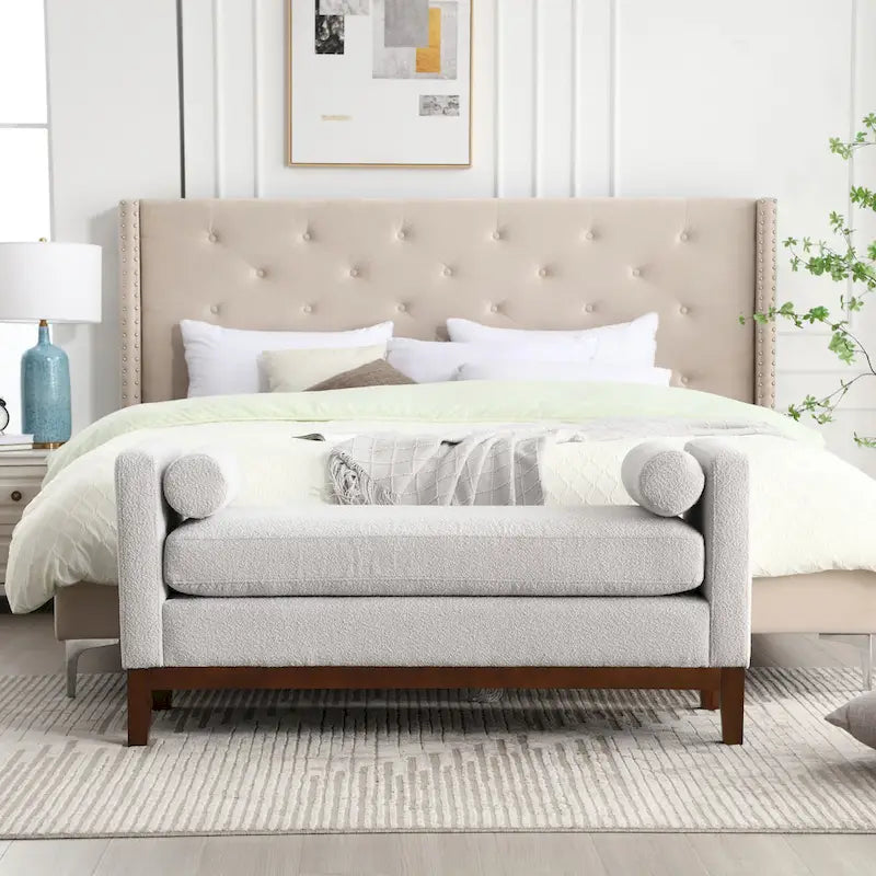 Banc de chambre rembourré en bouclette, ivoire/caramel/vert/bleu marine/gris/noir, pieds en bois, 2 places