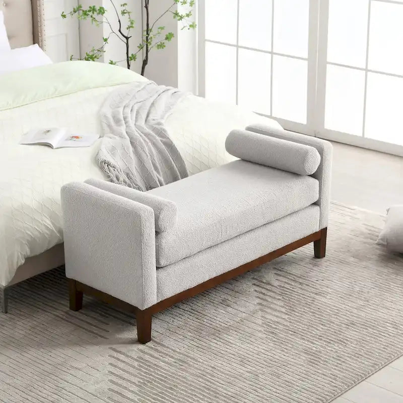 Banc de chambre rembourré en bouclette, ivoire/caramel/vert/bleu marine/gris/noir, pieds en bois, 2 places
