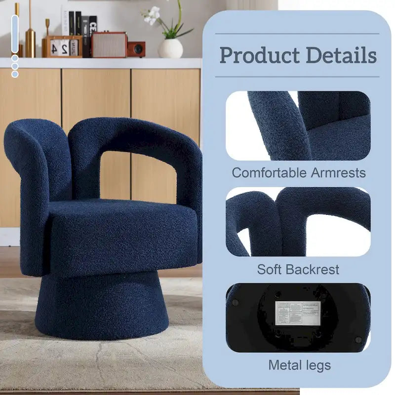 Fauteuil d'appoint pivotant à 360° en tissu bouclette, piètement en bois dur, assemblage en 15 minutes, 6 couleurs