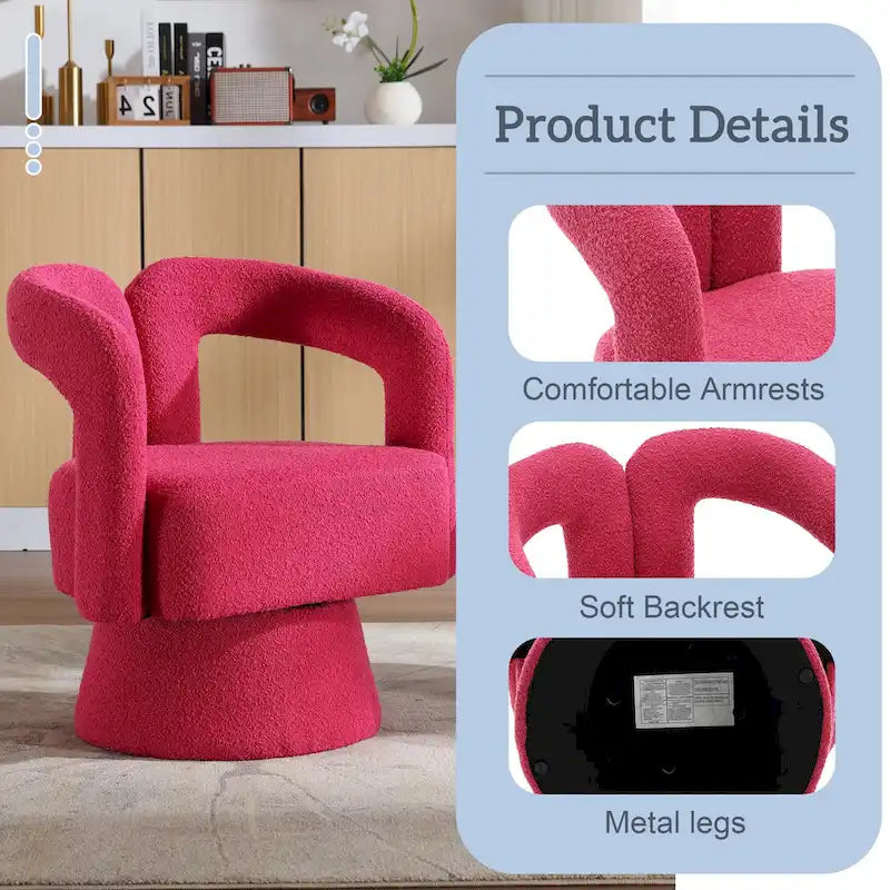 Fauteuil d'appoint pivotant à 360° en tissu bouclette, piètement en bois dur, assemblage en 15 minutes, 6 couleurs