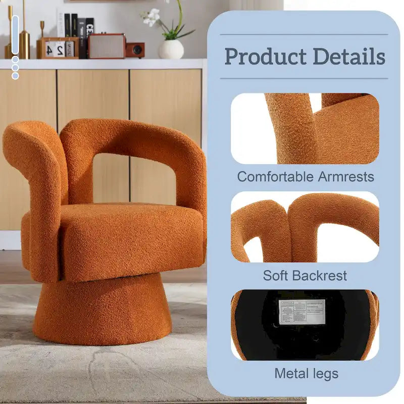 Fauteuil d'appoint pivotant à 360° en tissu bouclette, piètement en bois dur, assemblage en 15 minutes, 6 couleurs