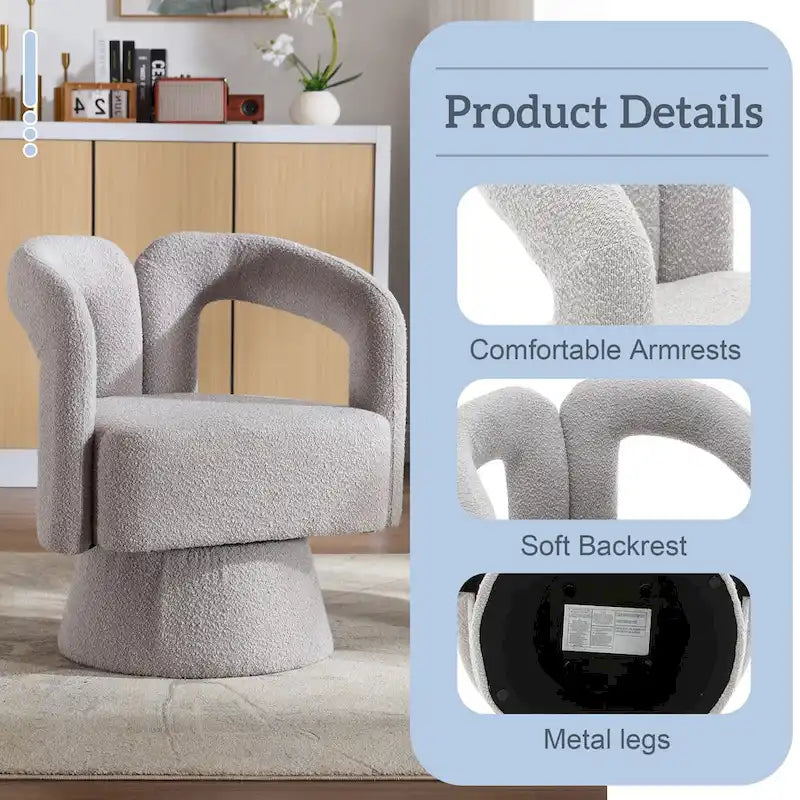 Fauteuil d'appoint pivotant à 360° en tissu bouclette, piètement en bois dur, assemblage en 15 minutes, 6 couleurs