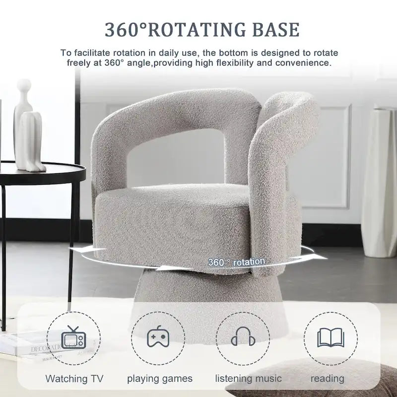 Fauteuil d'appoint pivotant à 360° en tissu bouclette, piètement en bois dur, assemblage en 15 minutes, 6 couleurs