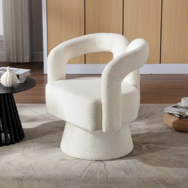 Fauteuil d'appoint pivotant à 360° en tissu bouclette, piètement en bois dur, assemblage en 15 minutes, 6 couleurs