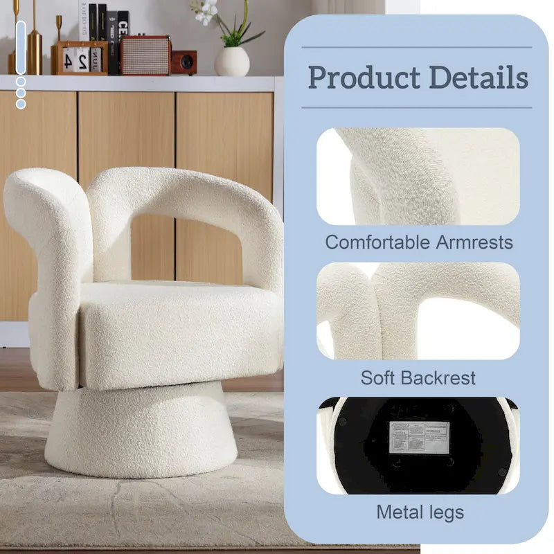 Fauteuil d'appoint pivotant à 360° en tissu bouclette, piètement en bois dur, assemblage en 15 minutes, 6 couleurs