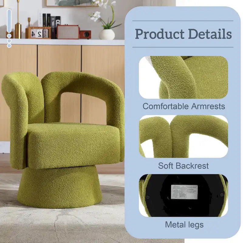 Fauteuil d'appoint pivotant à 360° en tissu bouclette, piètement en bois dur, assemblage en 15 minutes, 6 couleurs