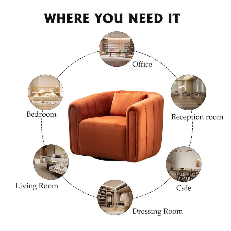 Fauteuil rond pivotant 360° en velours oversize avec coussin moelleux, idéal pour le salon ou la chambre.